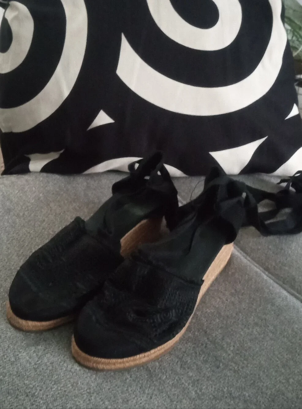 Black Lace Espadrille Wedge Sandals with Ankle Tie - Women